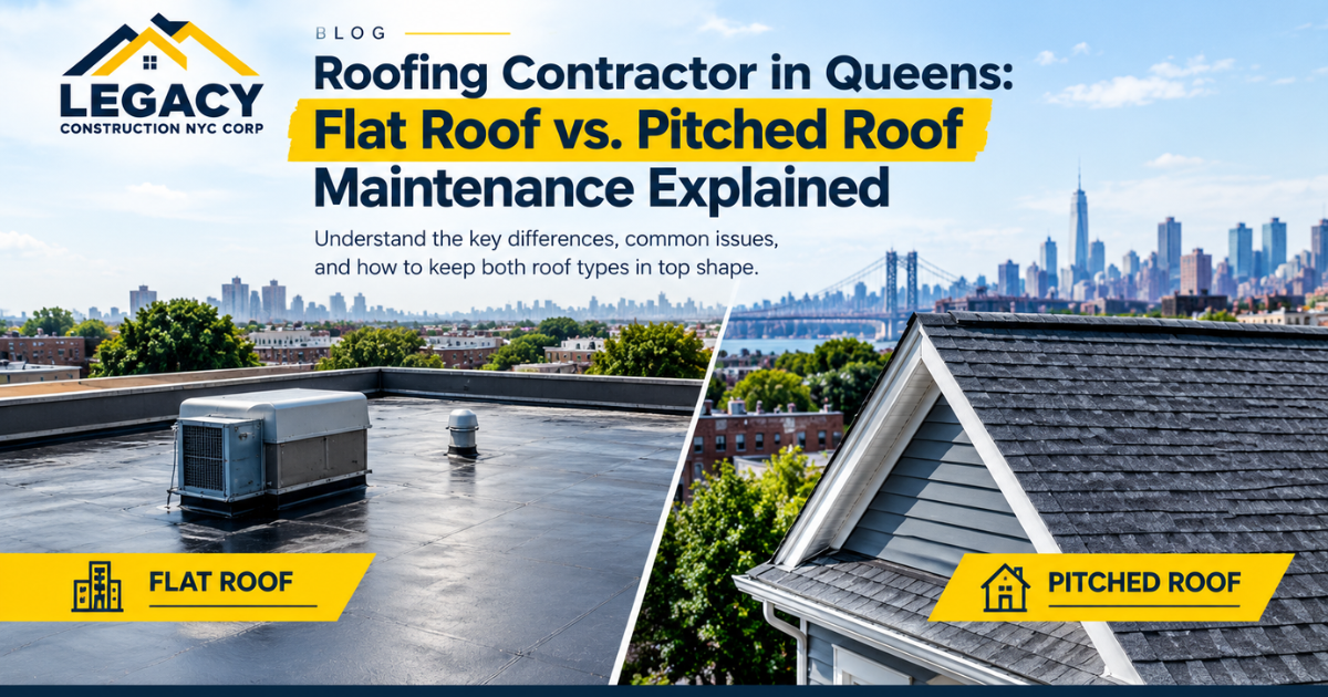 Flat membrane roof on a Queens multi-family building with roof drains visible