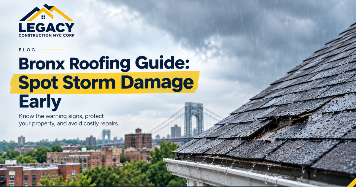 Storm-damaged roof shingles on a Bronx property awaiting inspection